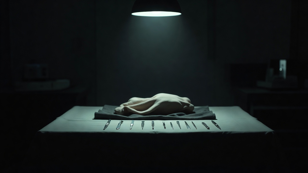 A dim preparation table under one lamp, a pale folded form on dark cloth, instruments in a row.