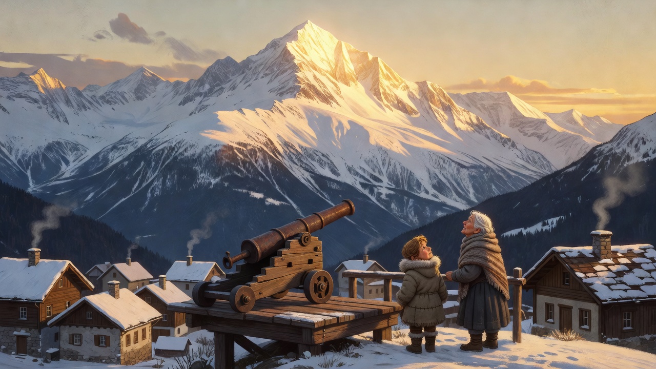 A storybook alpine village at dawn beneath a snowy peak, a small old gun on a platform, a child and an old woman at a railing.