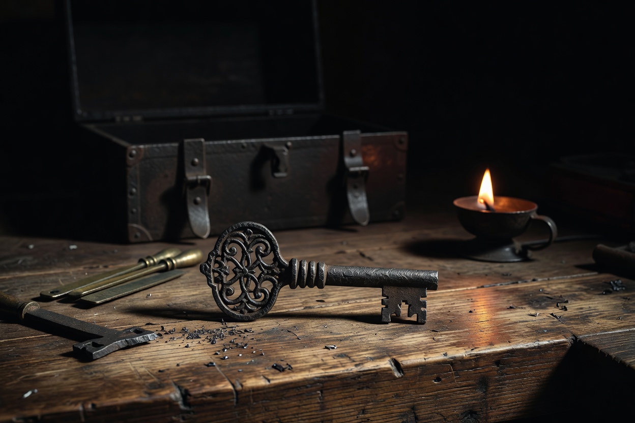 A single old Roman iron key on a worn workbench beside bronze files and a blank, lit by one oil lamp, an iron-bound strongbox blurred in shadow behind.