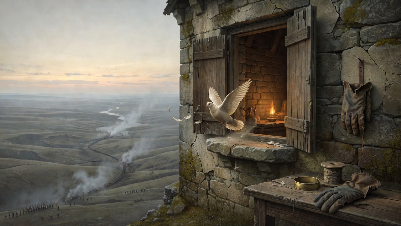 A stone tower-loft with open shutters, one pale bird lifting into a grey dawn above a distant army; coiled thread, a brass ring, and a flight-glove in the foreground.