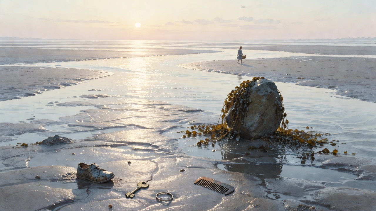 A century-low tidal river laid bare, small lost objects scattered shining on the mud, a lone standing stone, and a tiny distant figure walking out with a basket.