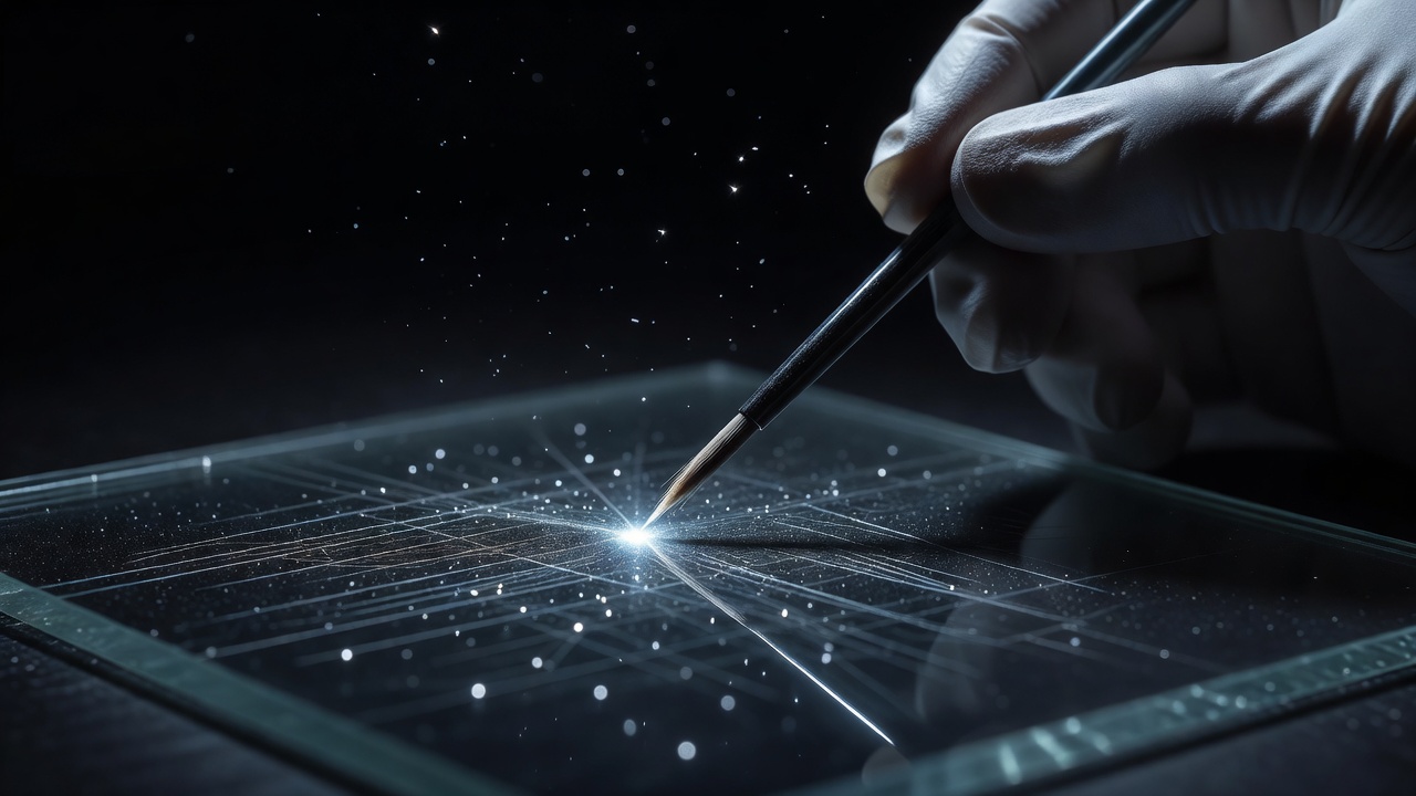 A fine brush tip touching dark etched glass, one point of starlight bent in it, against black.