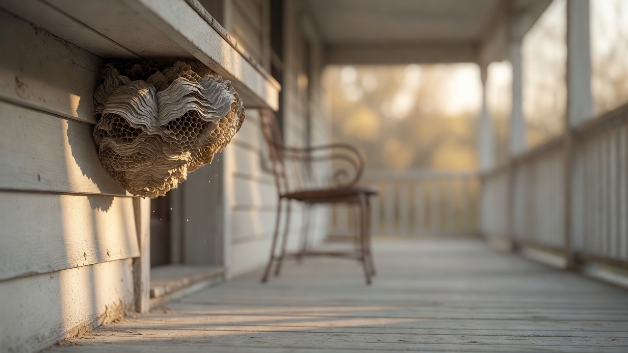 A grey paper wasps' nest in the eaves of a sunlit porch, late summer.