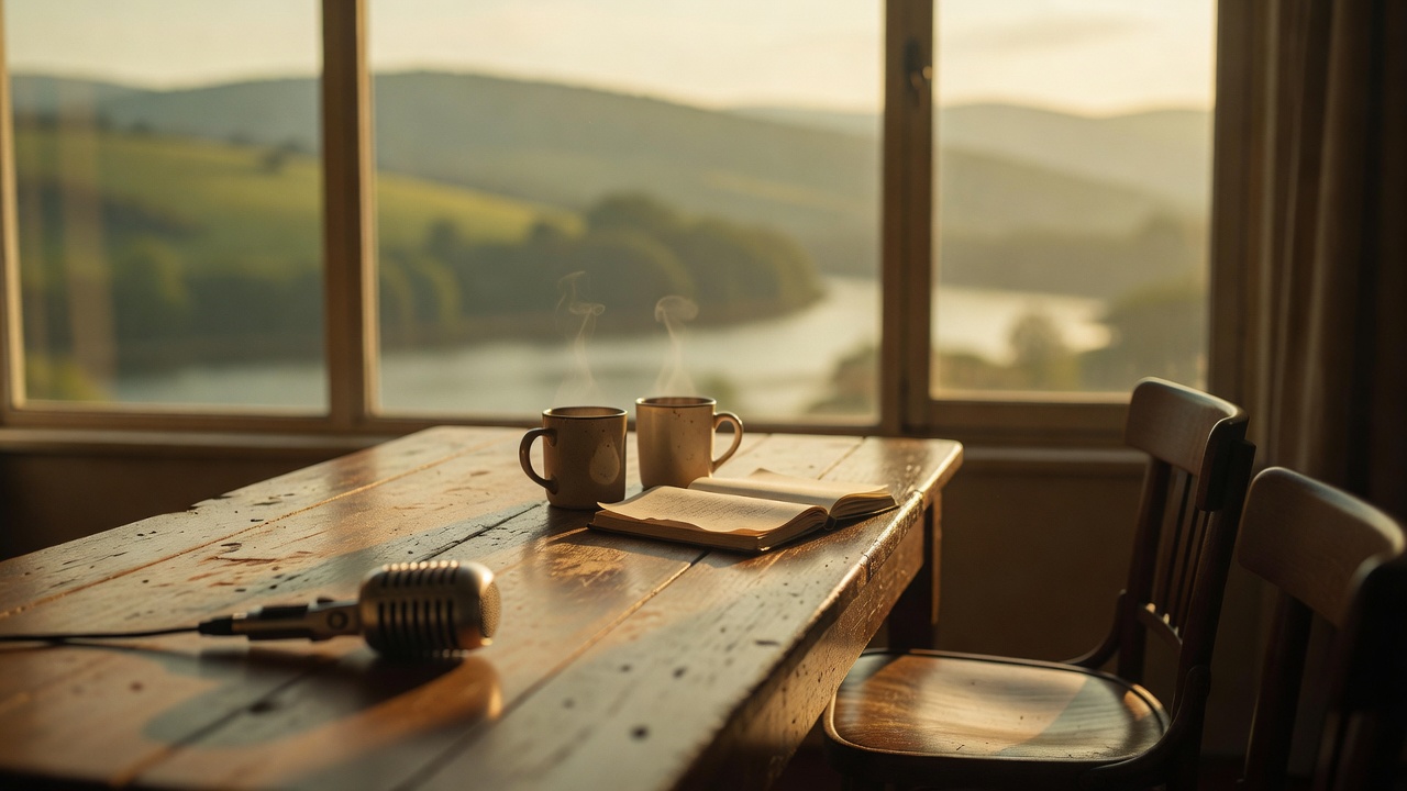 A sunlit studio table with two close coffee mugs, a notebook, and a microphone, two chairs angled toward each other.