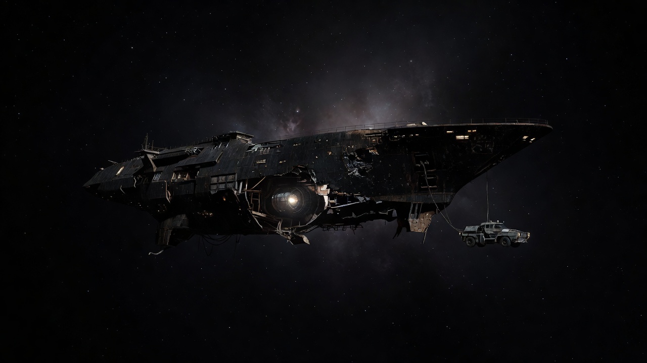 A huge dead colony ship adrift, lit by one dim ember-glow at its core, a tiny salvage tug tethered alongside against deep space.