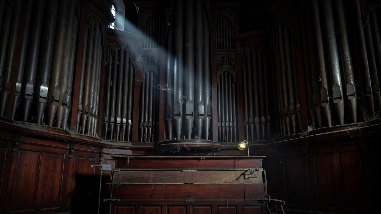 The shadowed interior of a great pipe organ, ranks of tarnished pipes rising into darkness above a sealed wooden wind-chest.